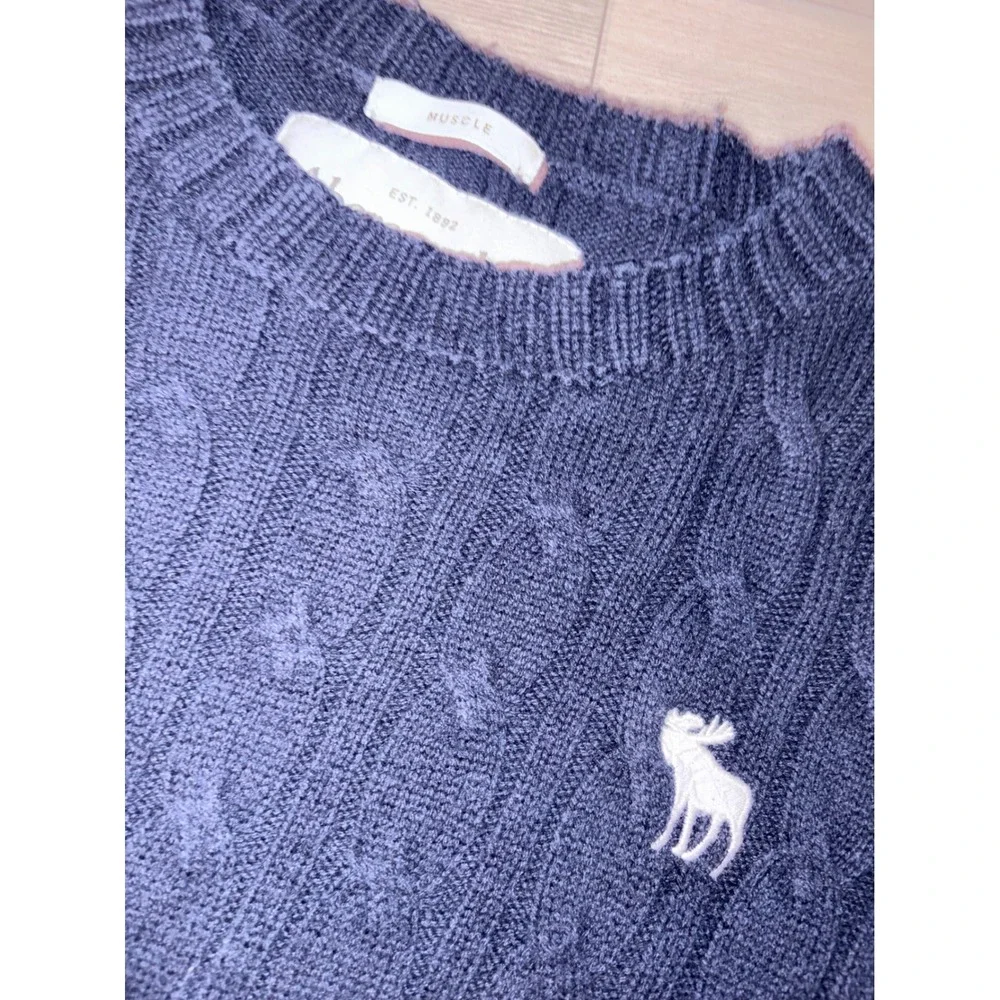 Abercrombie & Fitch Mens Muscle Fit Cable Knit Sweater Navy Blue XL Pullover